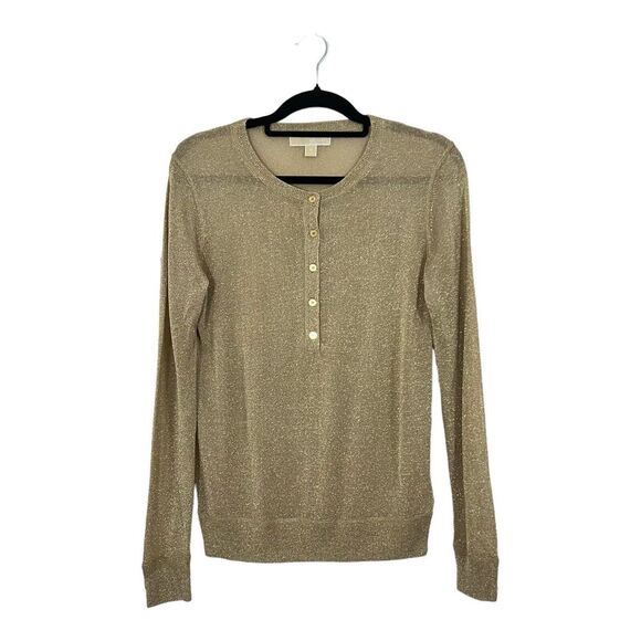 MICHEAL Michael Kors Womens Size Medium Sheer Gold Metallic Henley Sweater - Picture 1 of 4
